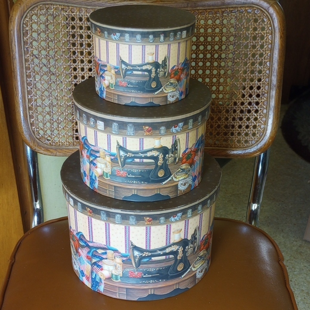Set of 3 Nesting Boxes w/ Lids & Organizing Inserts.  Sewing Machine Design